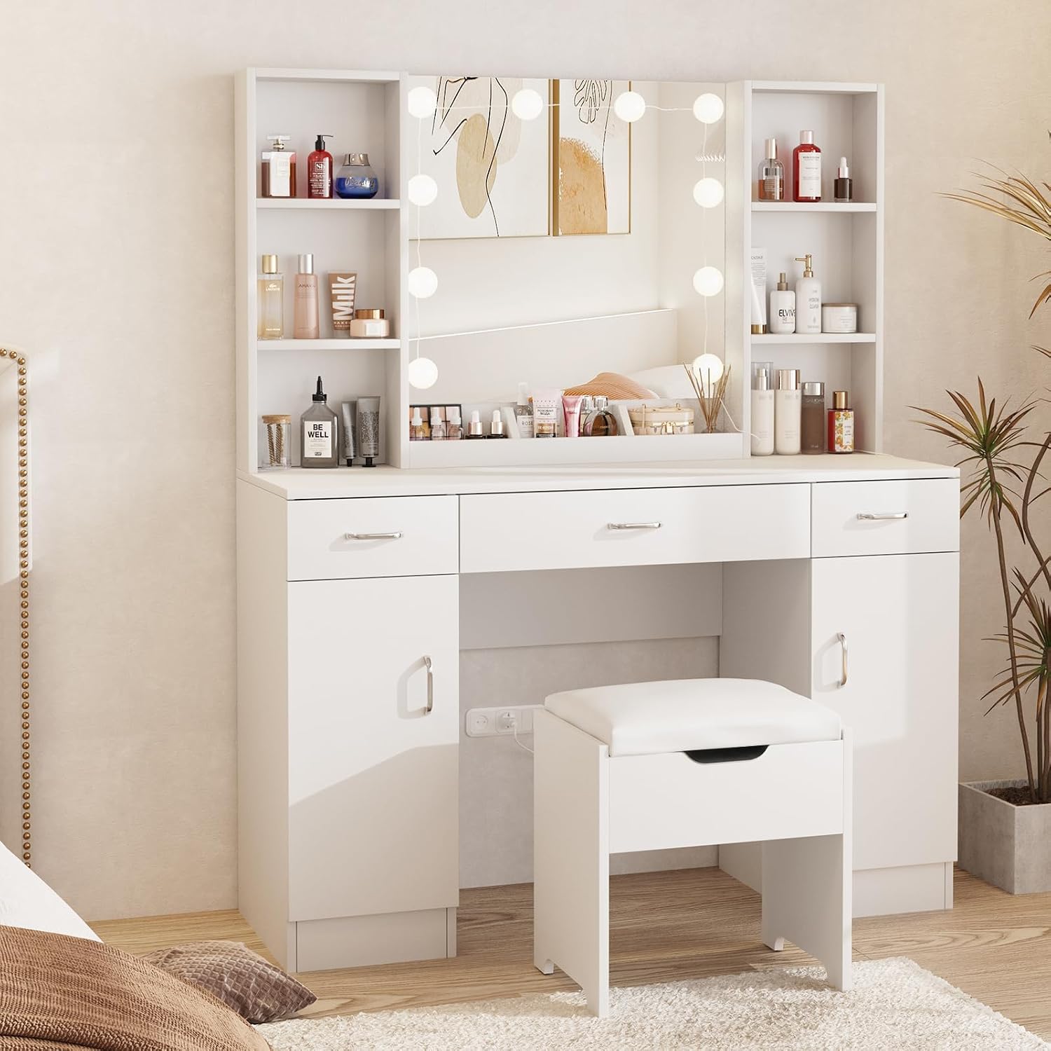 Beauty Makeup Table - Toaletka z podświetlanym lustrem, biały zestaw