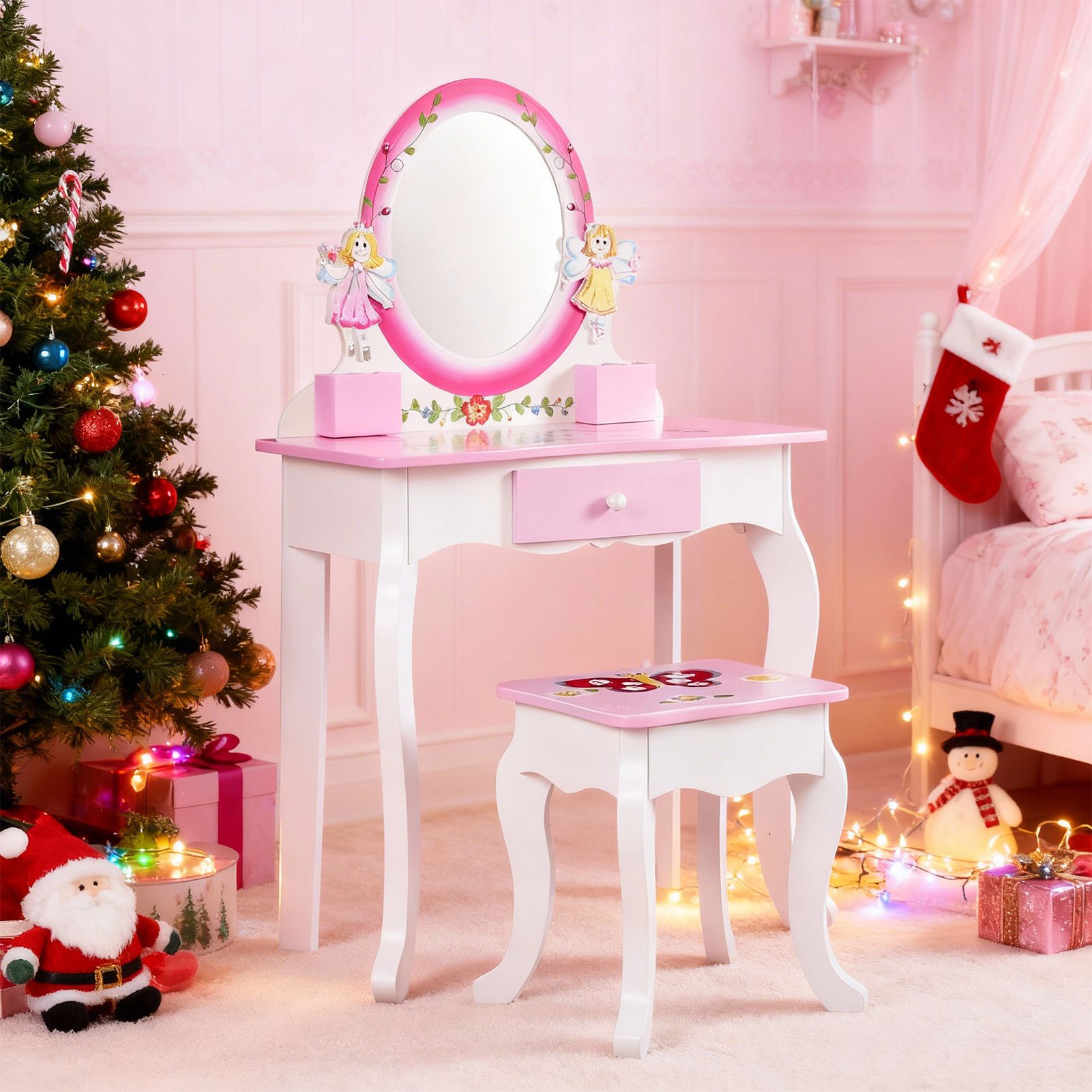 Beauty Makeup Desk - Drewniany toaletka dla dzieci z kwiatowym