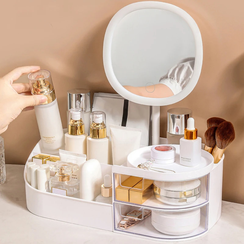 Beauty Makeup Desk - Pudełko do przechowywania kosmetyków z lustrem,