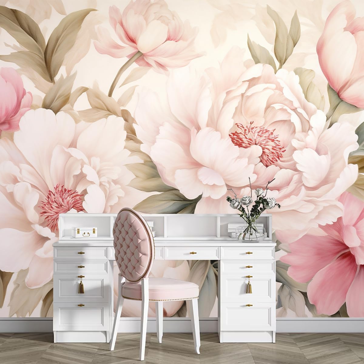 Beauty Makeup Desk - Elegancka tapeta z motywem piwonii, zestaw